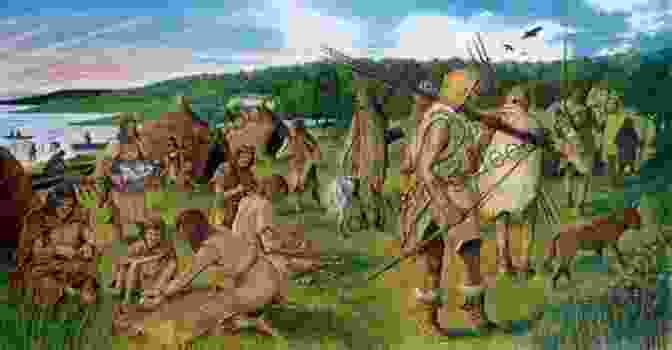 A Group Of Mesolithic Hunters With Spears And Bows, Pursuing Their Prey In A Forested Landscape. Ancient Ireland: Life Before The Celts